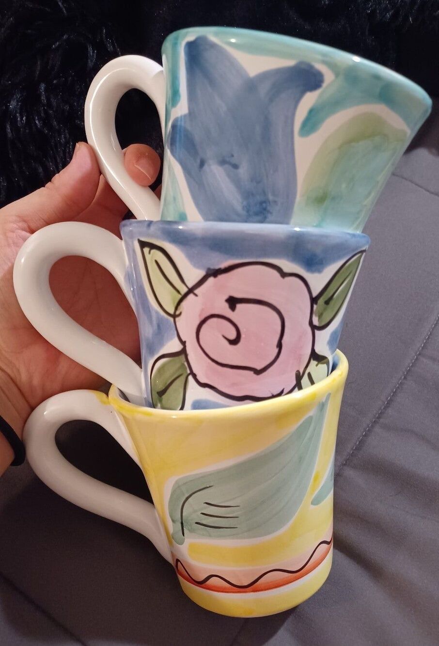 Pier 1 Imports Hand-Painted Floral Mugs Cups Set Of 3